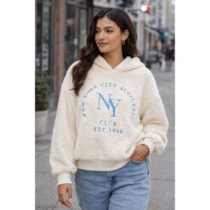 PLANET HEART NY City Sherpa Hoodie – Cream Fleece Pullover with Blue Logo L